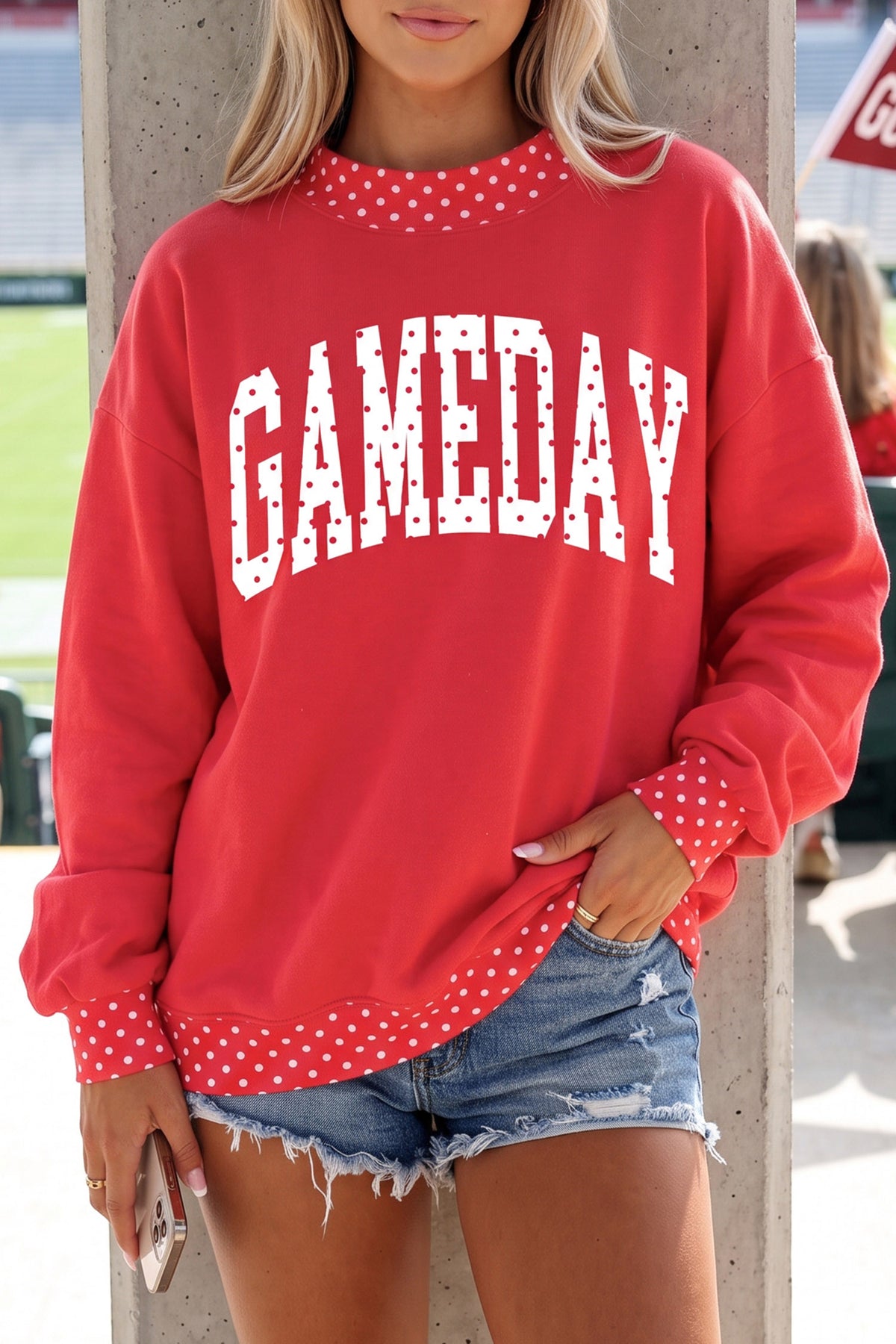 Southern Shore Polka Dot Game Day Graphic Pullover Mock Neck Sweatshirt