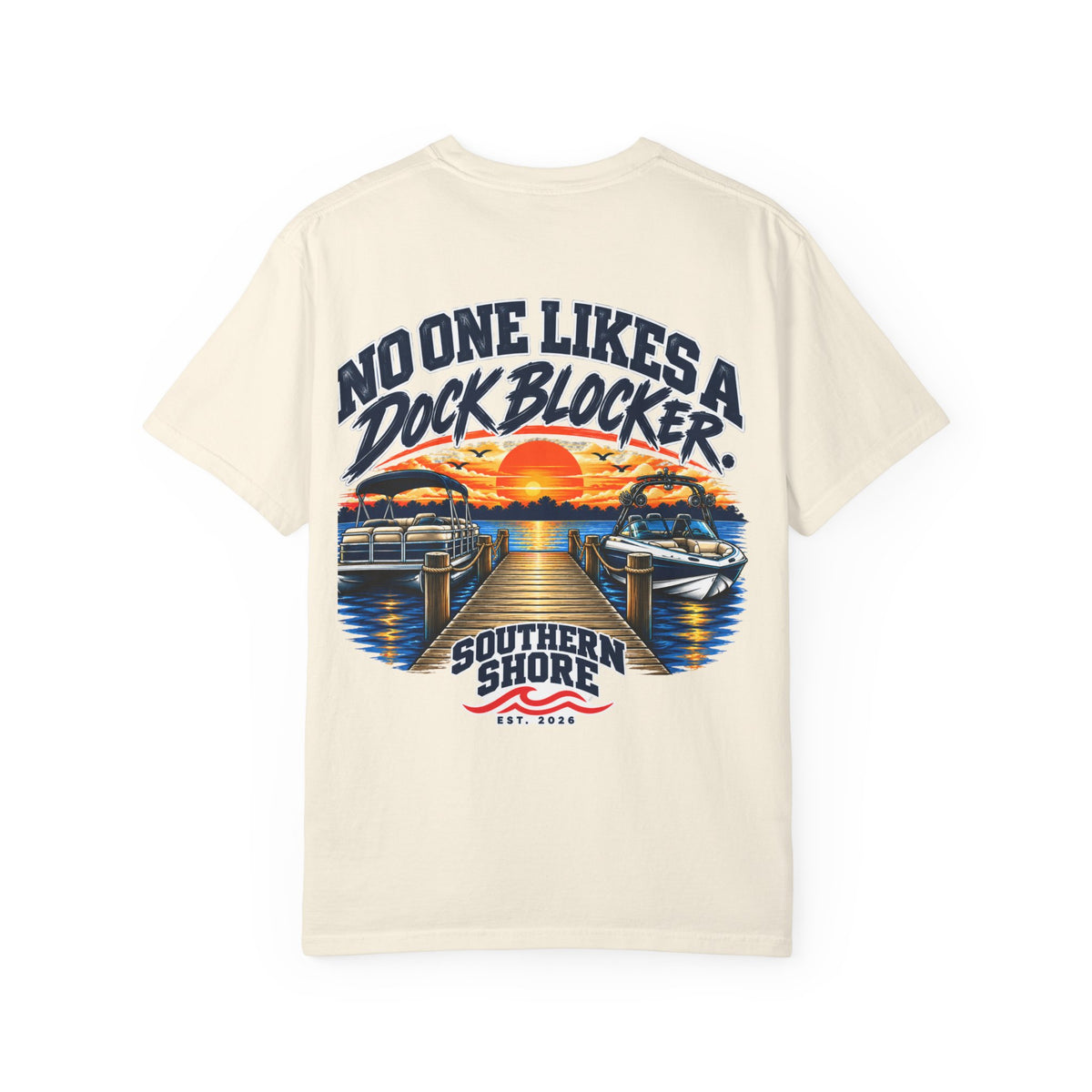 Dock-Blocking Tee — "No One Likes a Dock Blocker" Sunset Marina T-Shirt