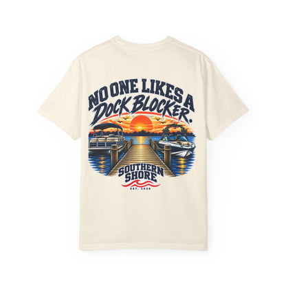 Dock-Blocking Tee — "No One Likes a Dock Blocker" Sunset Marina T-Shirt