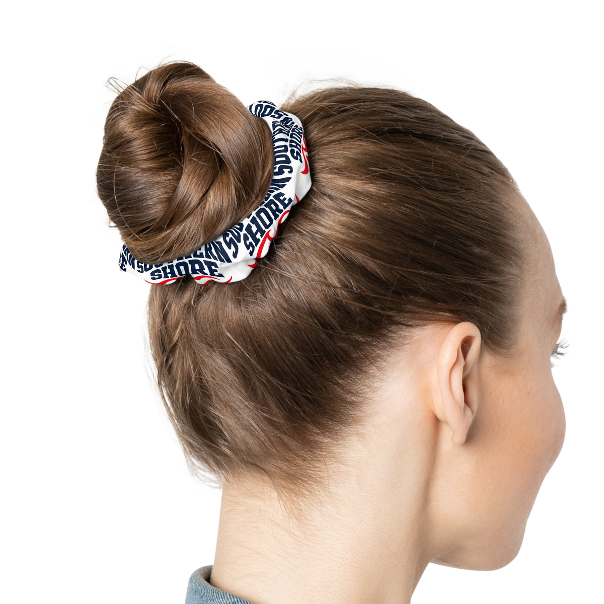 Patriotic Graphic Scrunchie — Red, White & Navy Text Print