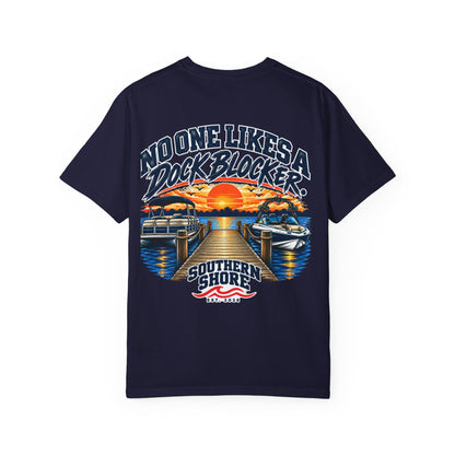Dock-Blocking Tee — "No One Likes a Dock Blocker" Sunset Marina T-Shirt
