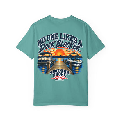 Dock-Blocking Tee — "No One Likes a Dock Blocker" Sunset Marina T-Shirt