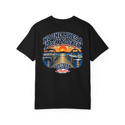 Dock-Blocking Tee — "No One Likes a Dock Blocker" Sunset Marina T-Shirt