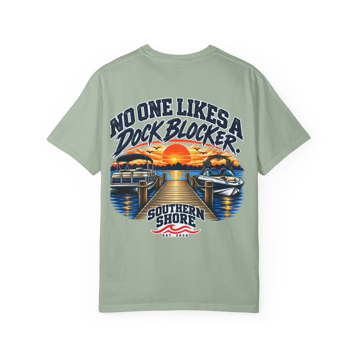 Dock-Blocking Tee — "No One Likes a Dock Blocker" Sunset Marina T-Shirt