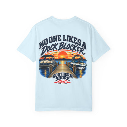 Dock-Blocking Tee — "No One Likes a Dock Blocker" Sunset Marina T-Shirt