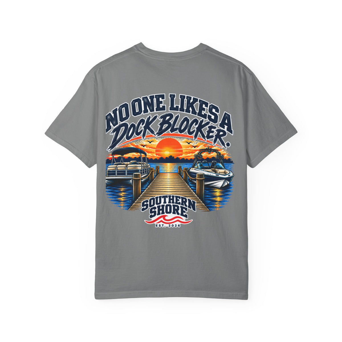 Dock-Blocking Tee — "No One Likes a Dock Blocker" Sunset Marina T-Shirt