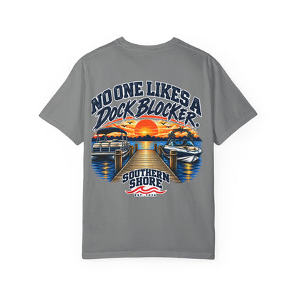 Dock-Blocking Tee — "No One Likes a Dock Blocker" Sunset Marina T-Shirt