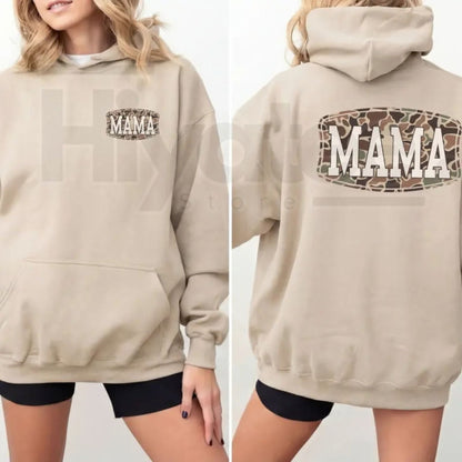 Camo Mama 2-Sided Hoodie – Trendy Camouflage Graphic Pullover, Cool Streetwear Mother’s Day Gift for Moms