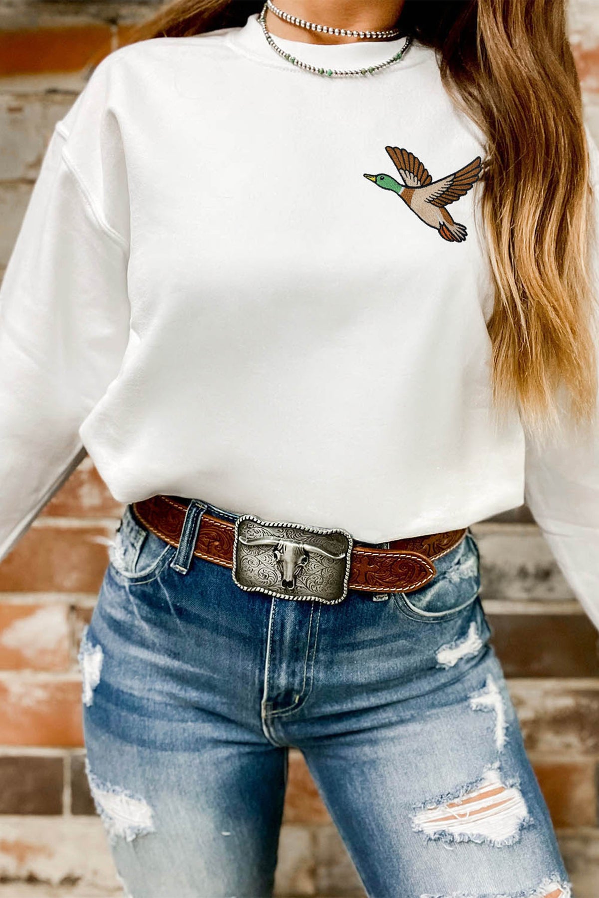 Southern Shore White Mallard Embroidered Relaxed Pullover Sweatshirt