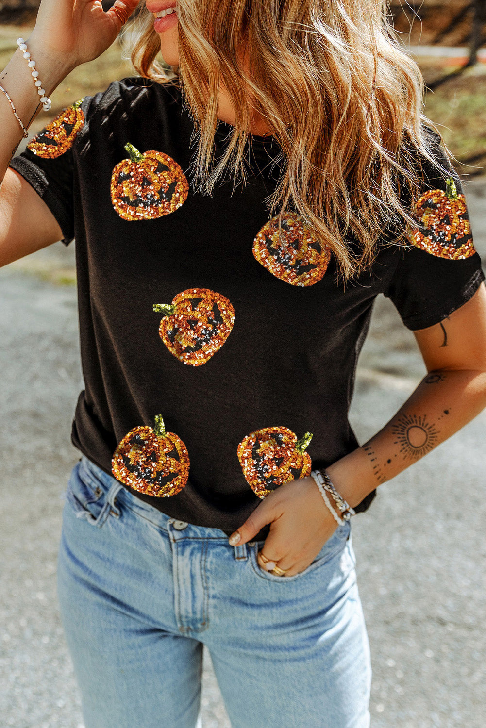 Southern Shore  Sequin Pumpkin Face Halloween Tee